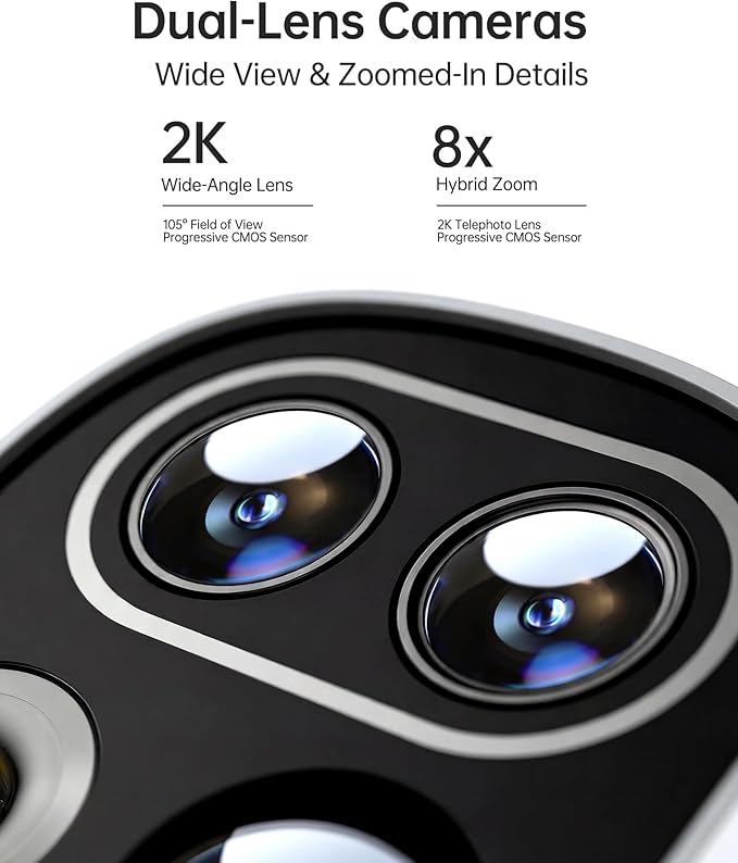 4K Dual-Lens Outdoor Wireless WiFi Security Camera System for Home, No Subscription Required, Solar Powered, 4-Cam Kit, 360° Pan & Tilt, Auto Tracking, Color Night Vision, Easy Setup