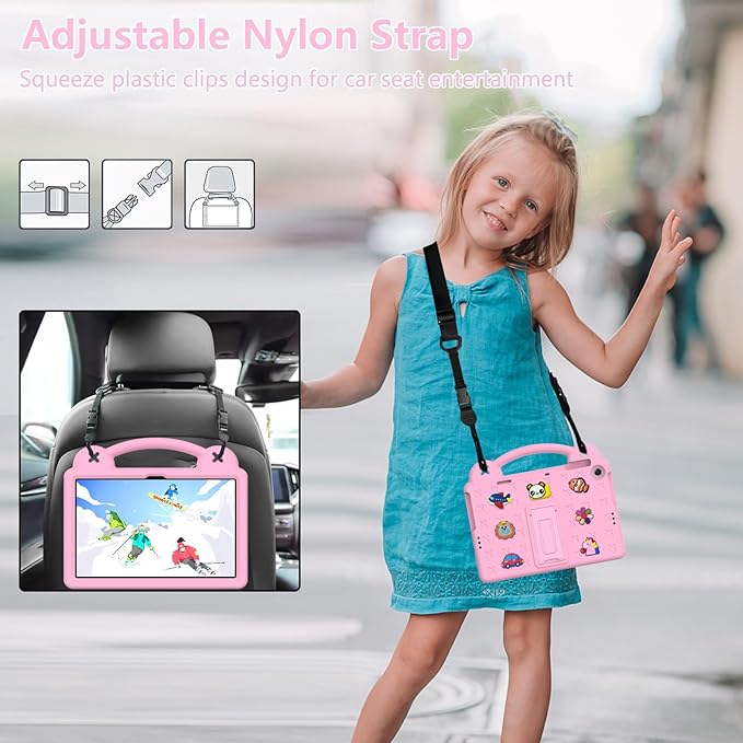 AKABEILA Compatible with Amazon Fire HD 8/HD 8 Plus (2020/2022)/Fire HD 8 2024 Tablet Case, Kids Friendly Universal Lightweight Shockproof Protective Case with Shoulder Strap & Stand Handle Pink