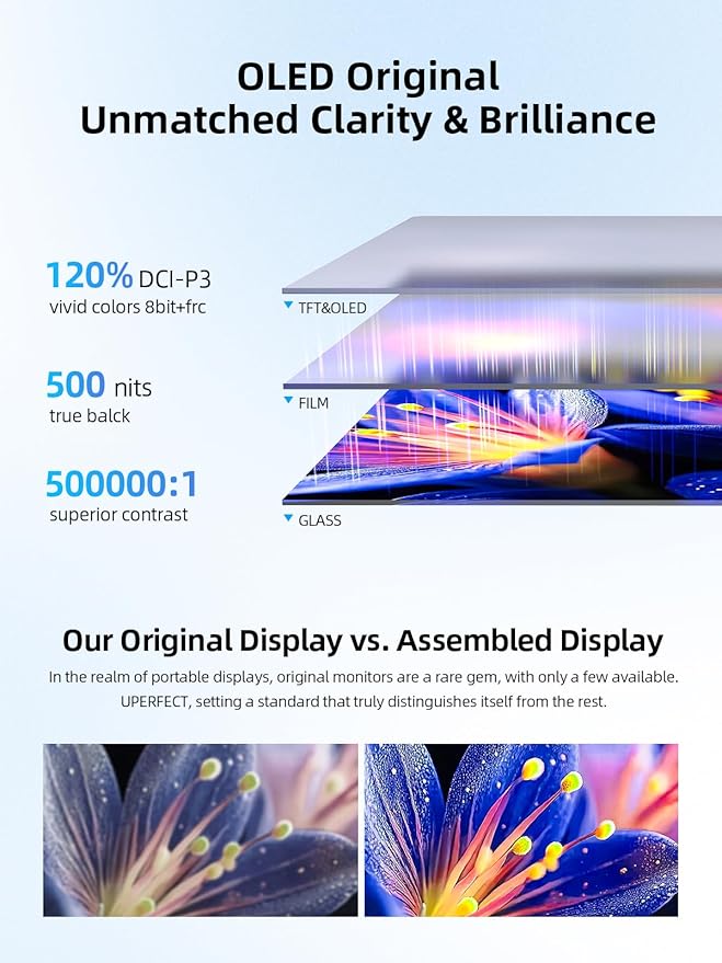 UPERFECT Touchscreen OLED Portable Monitor 14", 3K 2880x1800 | 120Hz | 0.1ms Portable Gaming Monitor, 500 Nits |120% DCI-P3 | 500000:1 | Ultra-Slim Design for Laptop Mini PC Phone Game Consoles