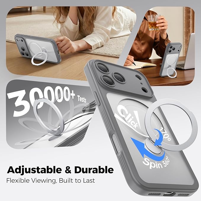 for iPhone 17 Pro Max Case [ 360° Spin Magnetic Stand] [Full Camera Protection] Compatible with Magsafe, 15FT Military-Grade Protection, Translucent Matte Anti-Slip Phone Case 6.9'', Gray
