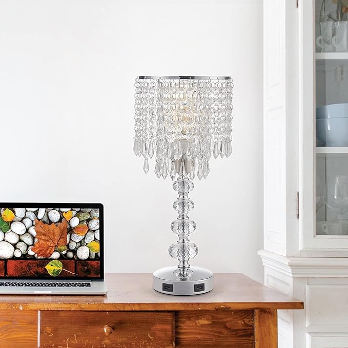 Crystal Table Lamps for Bedroom Nightstand - Touch Bedside Lamps with Two USB Charging Ports Silver, 3 Way Dimmable Small Glam Lamp for Girls, Night Stand Lamp for Living Room