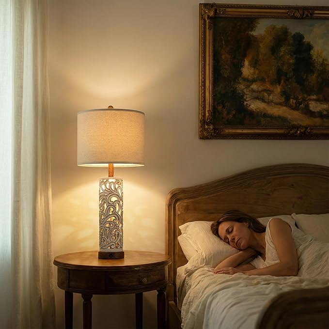 OYEARS 2-in-1 Light Table Lamp Set of 2 for Living Room, 28.5" Farmhouse Bedside Lamps with USB Charging Port, Main&Night Light & Dual Switches, Nightstand Lamp for Bedroom Home Office(Bulb Included)