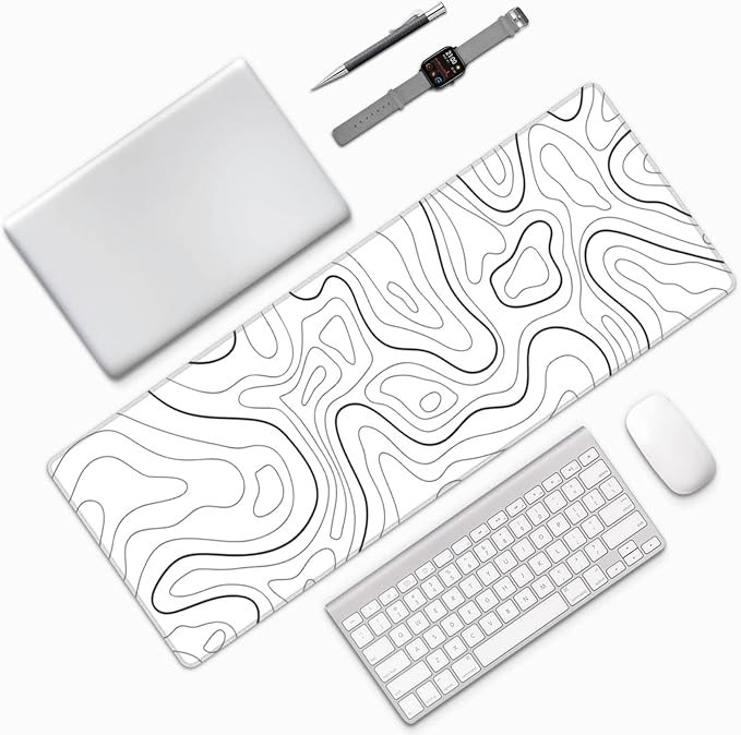 White Extended Gaming Mouse Pad - 31.5 x 11.8 Inch Black and White Topographic Mouse Pad with Anti-Slip Rubber Base for Home Office