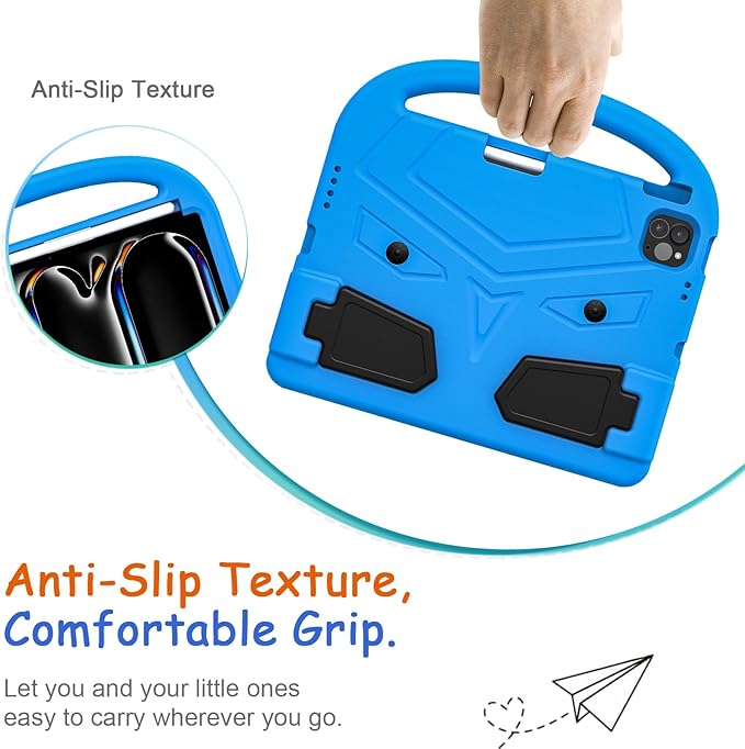Kids Case for iPad Pro 11" M5 2025/M4 2024 & iPad Air 11" M3 2025/M2 2024, Techcircle Child Shock Proof EVA Protective [Support Pencil Charging] Handle Stand Cover, Blue