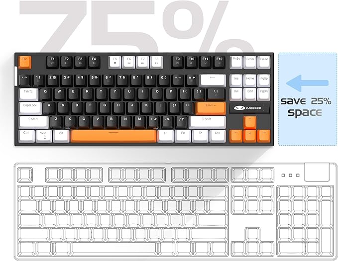 MageGee 75% Mechanical Gaming Keyboard, Brown Switch, LED White Backlit, 87 Keys Compact TKL Wired Computer Keyboards for Windows Laptop PC Gamer - Black/White
