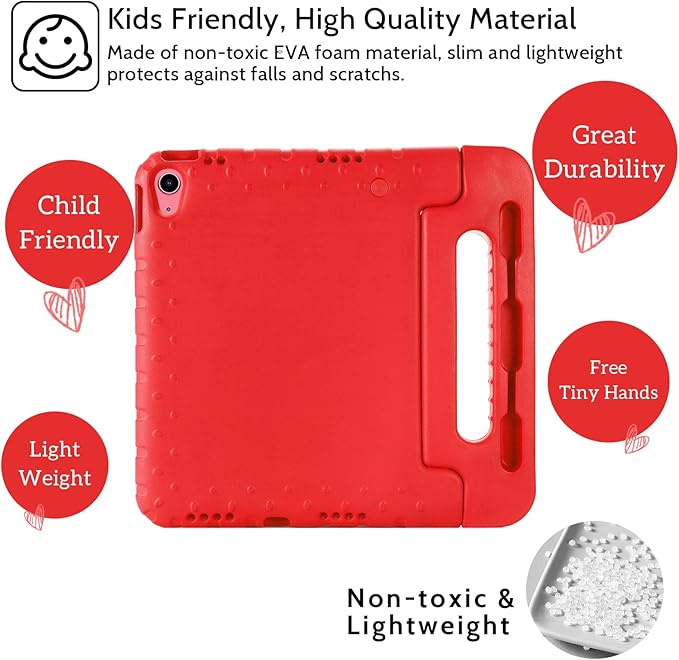 Dteck Kids Case for iPad 10th Generation 10.9" 2022,iPad 10th Gen Case with Pencil Holder, Shockproof Rugged Lightweight EVA Handle Stand Child Proof Kids Case for 10.9 inch iPad 10th Generation,Red