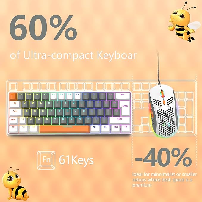 RK-T60 Wired 60% TKL Mechanical Gaming Keyboard Led Rainbow Backlight Ultra-Compact NKRO Linear Red Switch ABS Keycap RGB Honeycomb Mice Coiled Aviator Cable for Windows Laptop PS4/PC/WIN Gamer