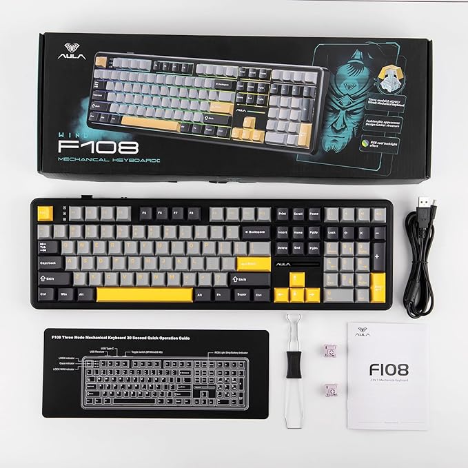 MechLands Aula F108 100% Wireless Gaming Keyboard, Full Size Custom Gasket Mechanical Keyboard, 4000mAh Battery, Programmable 108 Keys, Hot-Swappable, for Win/Mac (Grey&Yellow)