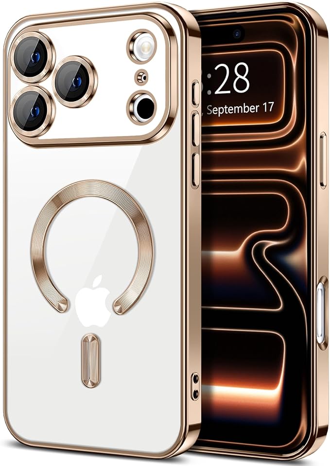 Hython Magnetic Clear for iPhone 17 Pro Case with Camera Lens Protector [Compatible with MagSafe] Luxury Plating Edge Slim Soft TPU Cover Protective Phone Case for iPhone 17 Pro 6.3", Desert Brown