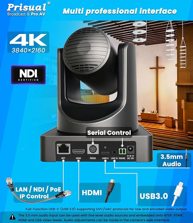 Prisual 4K NDI PTZ Camera, Advanced PTZ Auto Tracking 20X HDMI/USB3.0 PTZ Camera, 1/1.8”4K UHD 30P with Built-in Tally Light for Church Conference Events, PoE, PT20X-4K-N