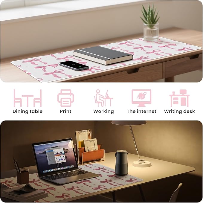 White Mouse Pad with Pink Bows, Cute Desk Mat Pink Keyboard Mat for Computer Laptop Non-Slip Rubber Base, Large Office Mat Girly Desktop Accessories School Office Supplies for Girls Women 23.6 x 11.8