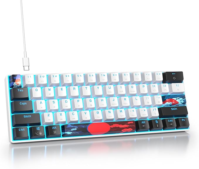 Protable 60% Percent Gaming Keyboard Mechanical, Mini Compact Ice-Blue LED Backlit 61 Keys Wired Office Keyboard with red Switch for Mac/Win/PS4/PS5（61White/red Switch）