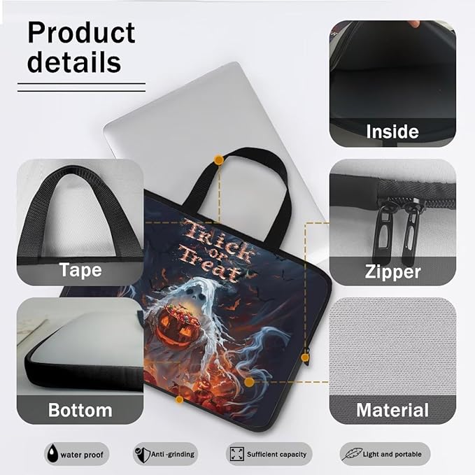 17 Inch Halloween Scary Ghost Laptop Sleeve, Protective Laptop Case Tote Bag for Halloween Decor, Computer Cover with Zipper Men Women Handbag Tablet Carrying Case for Business/School