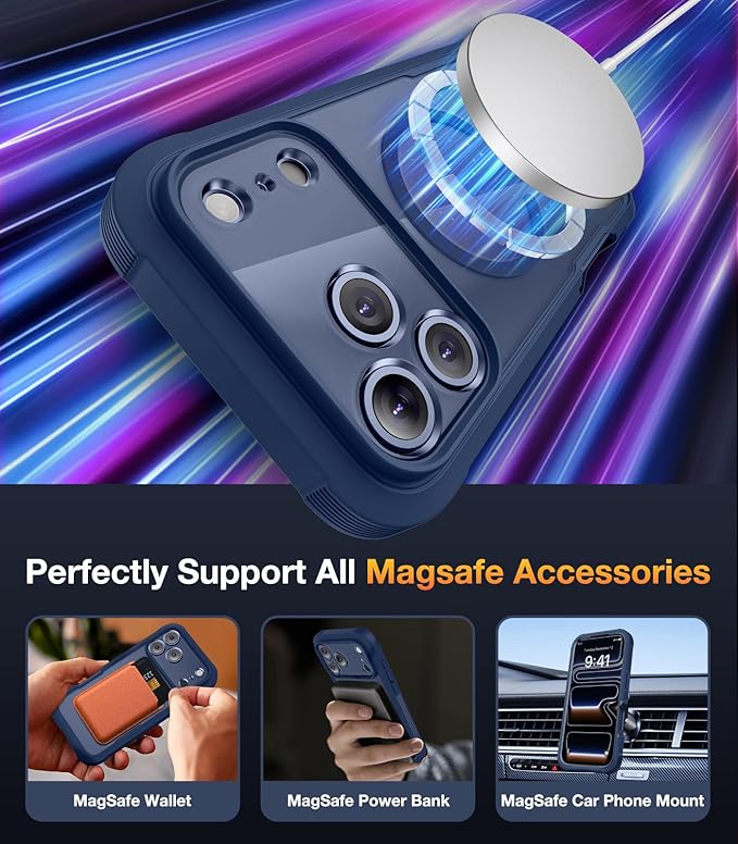 Diaclara Magnetic Designed for iPhone 17 Pro Max Case Full Body Bumper,[Compatible with MagSafe] Military Drop Proof Cover with Built-in Privacy Screen Protector,Deep Blue