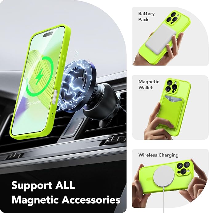 CAPRARO Magnetic Compatible with iPhone 16 Pro Case, Upgraded [Full Camera Protection] [Compatible with MagSafe] Protective Translucent Matte Women Girl Phone Case Cover, Fluorescent Green