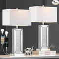 Modern Table Lamp Set of 2 Touch Control, Silver Mirror Diamond Crystal Bedside Lamp with USB C+A Ports, 3-Way Dimmable Mirrored Nightstand Lamps White Fabric Shade for Living Room Bedroom Art Decor