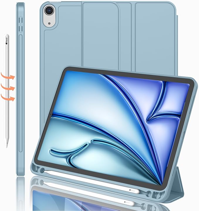 iMieet iPad Air 11 Inch Case M4/M3/M2(2026/2025/2024), iPad Air 5th/4th Generation Case 2022/2020 10.9 Inch with Pencil Holder,Trifold Stand Smart Case with Soft TPU Back(Light Blue)
