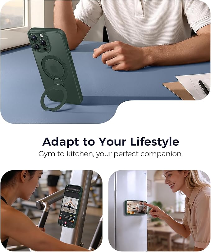 FNTCASE for iPhone 12 Pro-Max Case: [360 Spin Magnetic Stand] [Compatible with Magsafe] [Screen Protector] Translucent Matte Military Grade Shockproof Full Camera Protective Phone Cover - Green