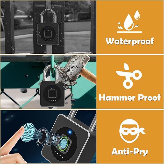 Pothunder Fingerprint Lock With APP, Steel Cable Keyless Biometric Padlock, Smart Waterproof for Gym, Locker, Helmet, Gate, Fence, Luggage