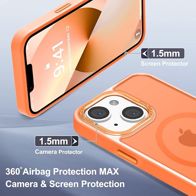 Newfuture Designed for iPhone 13 Case & iPhone 14 Case with Magnetic [13 FT Military Drop Protection] [Compatible with Magsafe] Slim Translucent Shockproof with Anti-Fingerprint Phone Case, Orange