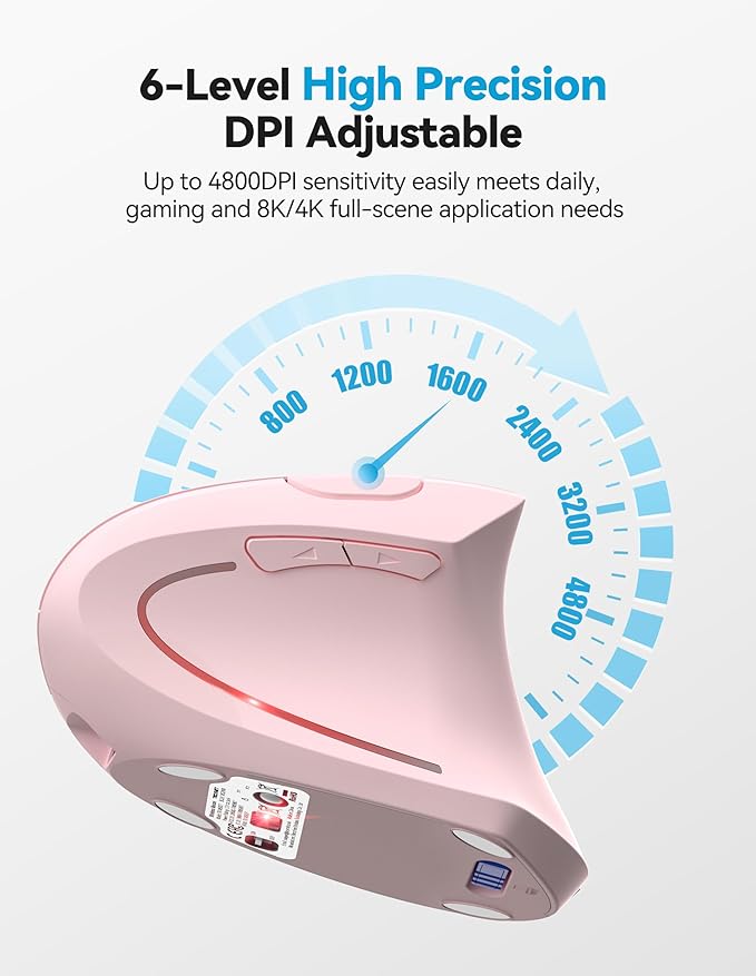 TECKNET Ergonomic Mouse, Rechargeable 2.4G+Bluetooth Vertical Mice 6 DPI Adjustable, Wireless Optical Carpal Tunnel Mouse Right Hand, Multi Device for Laptop, PC, Computer, MacBook, iPad - Pink