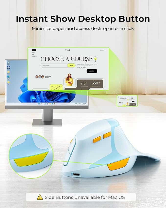 Seenda MOE302 Vertical Ergonomic Mouse with Palm Rest, Rechargeable Wireless Mouse for Wrist Pain Relief, One-Click Desktop Shortcut, Silent Click, 4 DPI, USB & Type-C Receiver, for Laptop & PC (Blue)