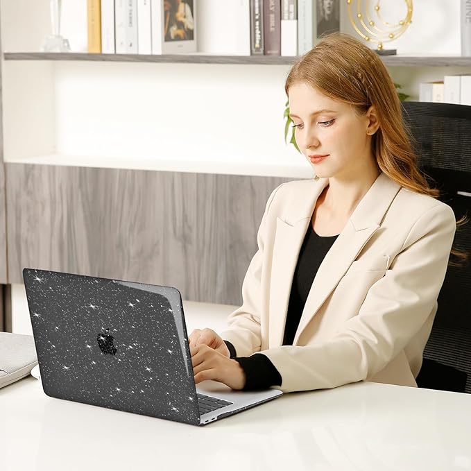 MOSISO Compatible with MacBook Air 13 inch Case 2022 2021 2020 2019 2018 A2337 M1 A2179 A1932, Glitter Plastic Hard Shell&Keyboard Cover&Screen Film&Storage Bag for MacBook Air 13 inch, Black