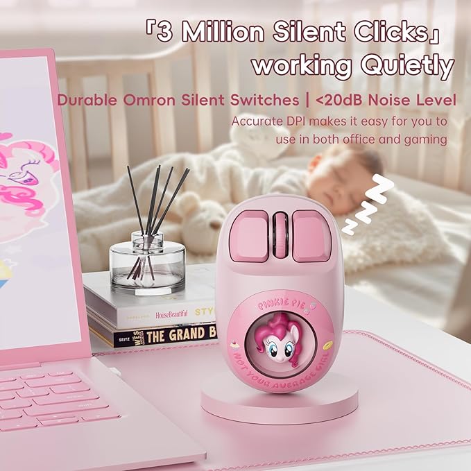 My Little Pony Wireless Mouse - Pinkie Pie Edition, 3D Character Design Silent Click Mouse with 1600 DPI, Dual-Mode (2.4GHz/Bluetooth), Ergonomic for Mac/Windows