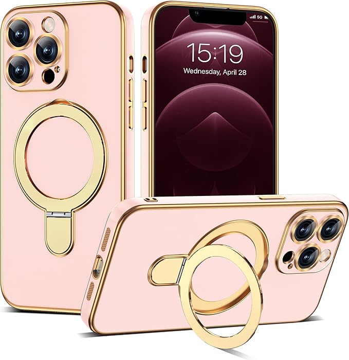 Compatible with iPhone 12 Pro Case with Magnetic Ring Stand [Compatible with Mag-Safe] [Full Camera Lens Protector] Soft Plating Phone Case for iPhone 12 Pro 6.1", Solid Pink