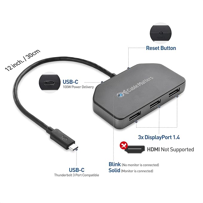 Cable Matters Windows Only Triple Monitor USB C Hub with 3X DisplayPort and 100W Charging - Support up to 8K and 4K 120Hz HDR - Thunderbolt 4, USB4 Compatible for Surface Pro, XPS