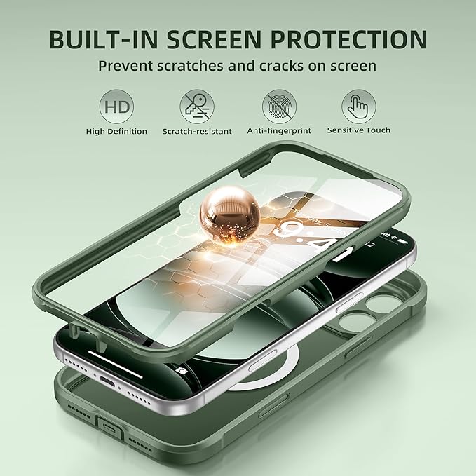 BERFY for iPhone 17 Pro Case, Compatible with MagSafe, Built-in Glass Screen Protector, Camera Protection, Shockproof Full Body Phone case 6.3", Translucent Deep Green