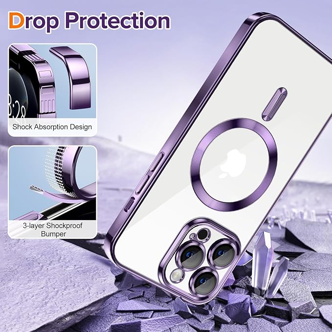 Hython Magnetic Clear for iPhone 12 Pro Max Case with Camera Lens Protector [Compatible with MagSafe] Plating Edge Slim Soft TPU Cover Protective Phone Case for iPhone 12 Pro Max 6.7", Deep Purple