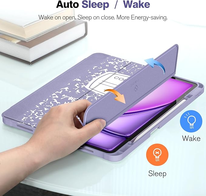 Fintie SlimShell Case for iPad Air 13-inch M4/M3/M2 (2026/2025/2024) - [Built-in Pencil Holder] Soft TPU Protective Stand Back Cover with Auto Wake/Sleep, Composition Book Lilac