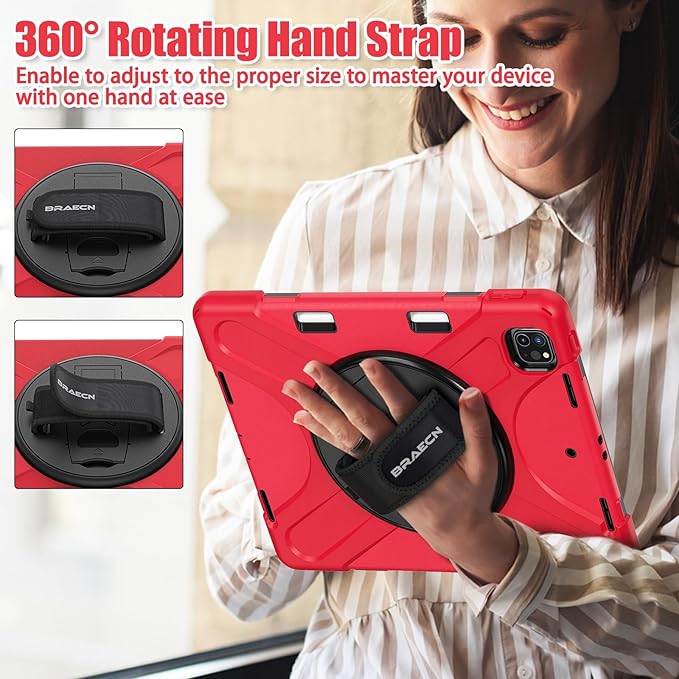 BRAECNstock Case for Apple iPad Air 13 inch (M4/M3/M2)/ iPad Pro 12.9 inch 6th/5th/4th/3rd Gen, Shockproof Protective Case with Pencil Holder, 360° Rotating Stand & Hand Strap, Shoulder Strap, Red