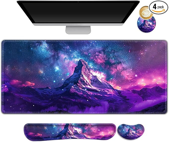 Large Gaming Mouse Pad Set, Purple 4 in1 Ergonomics Keyboard Desk Mat with Memory Foam Wrist Rest, Extended Game Mousepad, Non-Slip Desk Pad Matt Easy Typing Pain Relief I Galaxy Mountain