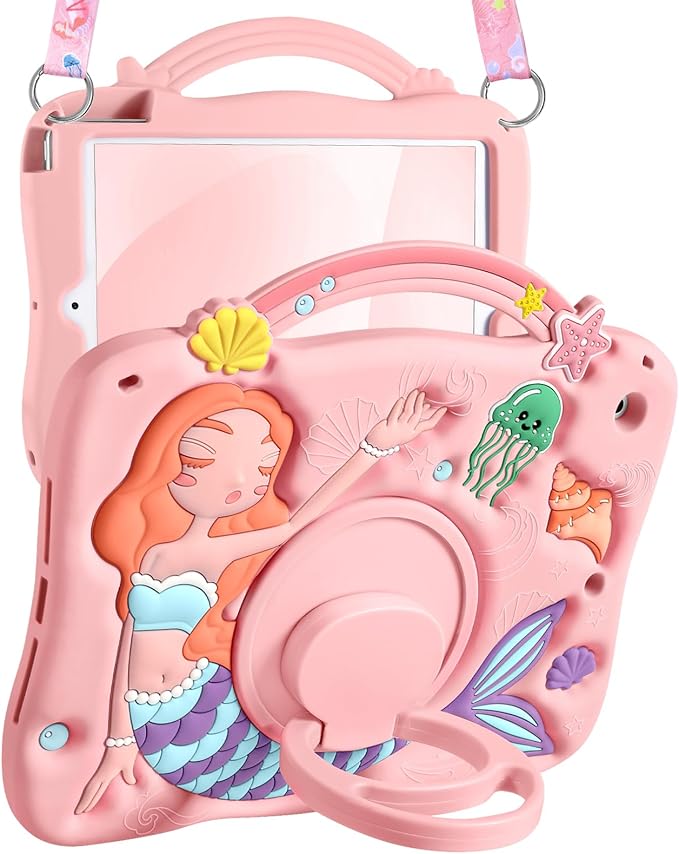 Boaretiu for iPad 9th Generation Case 10.2 Inch - for iPad 7th/8th/9th Gen 3D Cute Cartoon Pk Mermaids Girls Teens Soft Silicone Tablet Cover with Strap & Rotating Stand