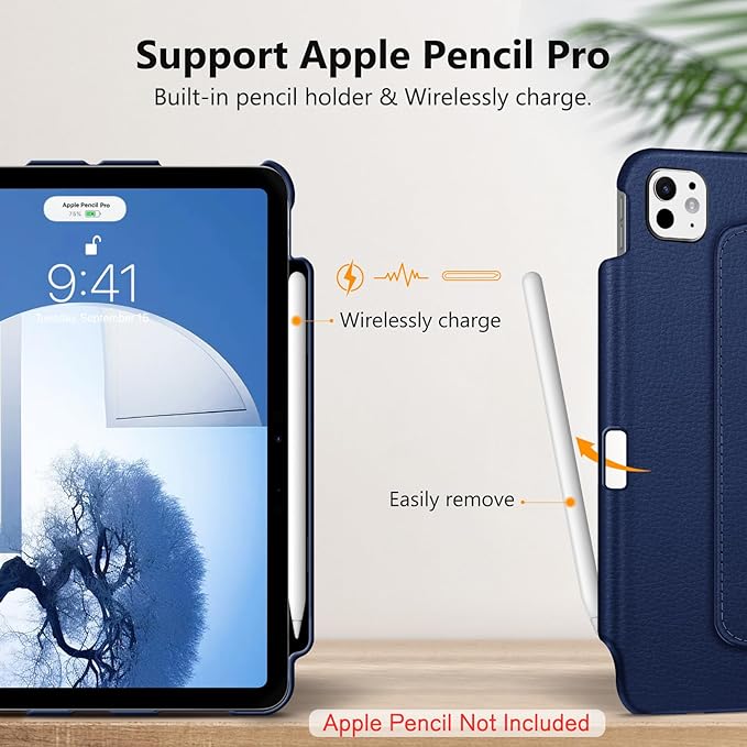 Fintie Rotating Case for iPad Pro 11-inch (M5) 2025 / (M4) 2024 - [Built-in Pencil Holder] 360 Degree Swiveling Smart Stand Protective Cover, Auto Sleep/Wake, Navy