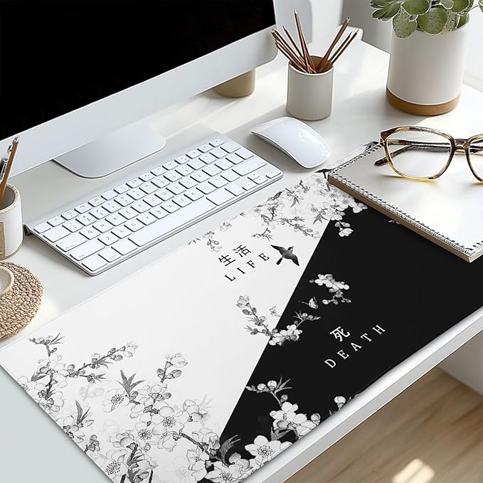 XXL Large Gaming Mouse Pad,Japanese Sakura Death Life Extended Desk Pad Non-Slip Rubber Base 35.4x15.7in with Stitched Edges Waterproof Full Desk Pads Computer Gaming Mousepads for Work/Game/Office
