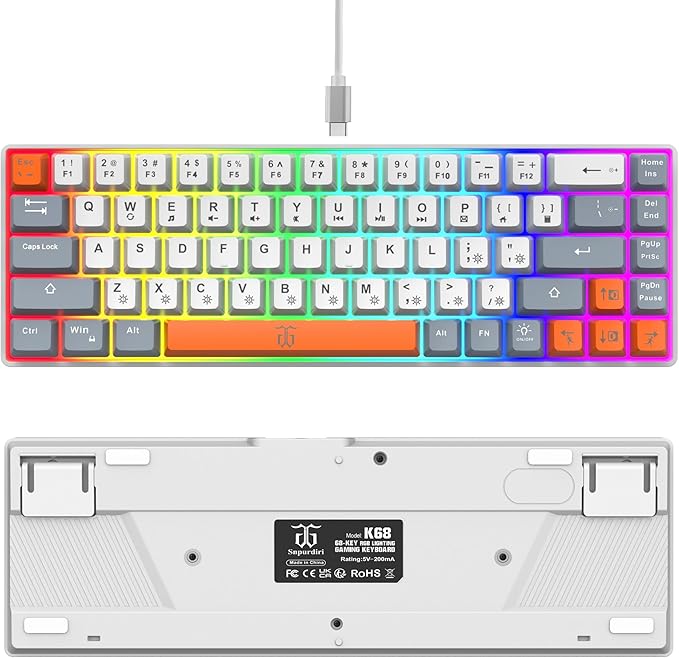 Snpurdiri 60% Percent Gaming Keyboard, Ergonomic Compact RGB Backlit Small Gaming Keyboard for Windows, PC, Laptop (68 Keys, White-Grey-Orange)