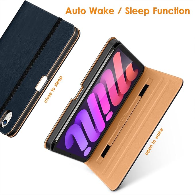 DTTO for iPad mini 7th (A17 Pro) 2024/iPad Mini 6th Generation Case 2021 8.3 Inch, Premium Leather Business Folio Stand Cover for Mini 7/6 with Pencil Holder-Multiple Viewing Angles, Blue