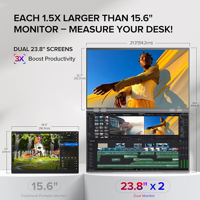UPERFECT Delta 23.8" 100Hz Portable Dual Monitor for Laptop Screen Extender, 1080P HDR 360° Folding Stacked Triple Monitor with Stand & VESA for Laptop PC Phone Game Console (No Driver Needed)