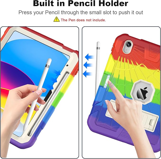 SIBEITU Case for iPad (A16) 11th Gen 11-inch 2025 & iPad 10th Gen 10.9 Inch 2022, Rugged Military Grade Protective Cover Built-in Kickstand & Pencil Holder | Vibrant Rainbow for Young Artists & Kids