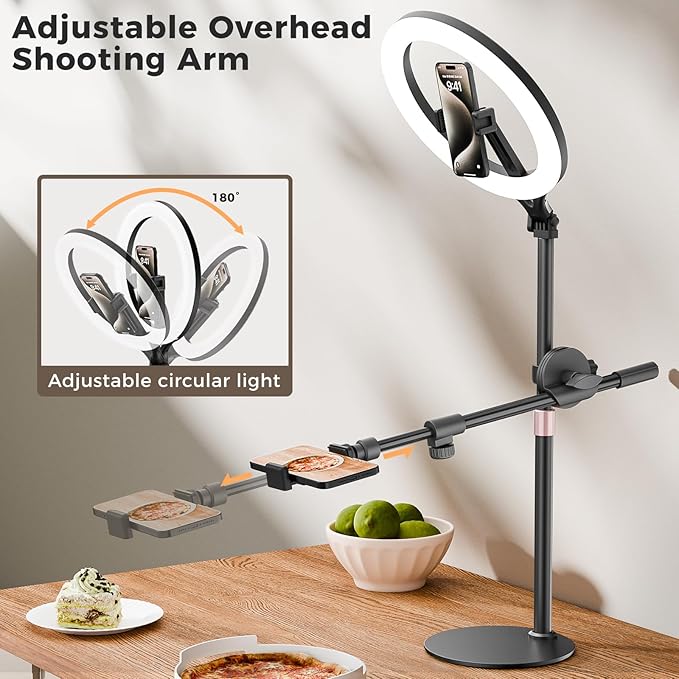 11" Desk Ring Light,Wireless Bluetooth Ring Light with Stand & Phone Holder,Overhead Phone Mount for Video Recording,Tripod for Cooking Videos,Webcam Lamp/TikTok/YouTube,Compatible with iPhone Camera