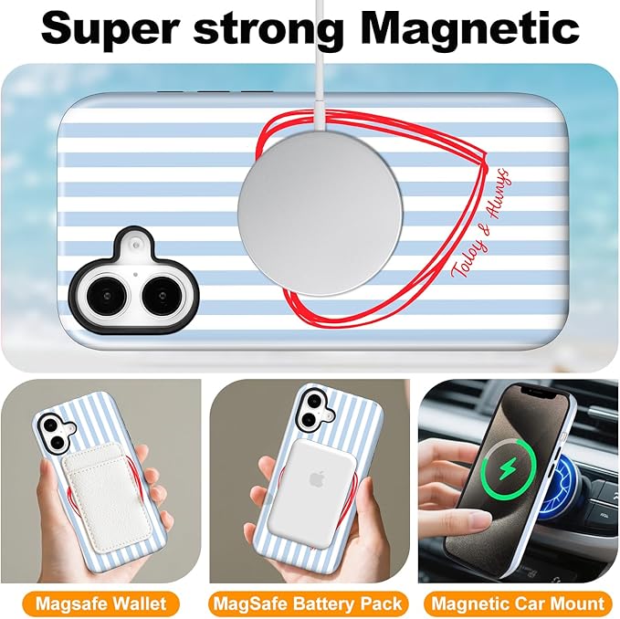 Magnetic for iPhone 16 Case Cute Blue Heart Stripes Phone Case, Love Shockproof Slim TPU and Hard PC Protective Phone Cover Compatible with MagSafe Designed for Women Girls