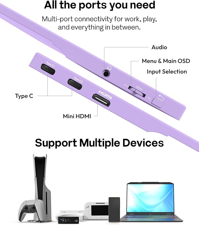 Pixio PX160 Wave Purple Portable Monitor 15.6 inch 60Hz FHD 1080p IPS Panel HDR Screen Cover Stand USB-C HDMI Laptop Screen Extender Portable Monitor for Laptop, PC, Console, Phone
