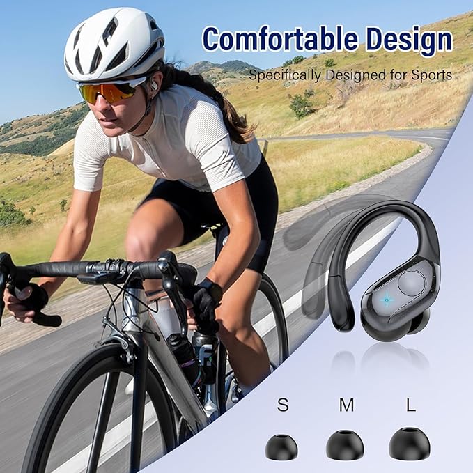 Ailith Bluetooth 5.4 Headphones, Sport Wireless Earphones with 4 ENC Mic, Stereo Bass, IP7, Bluetooth Earbuds with Earhooks for Workout/Running/Work, Dual LED Display Ear Buds, Black