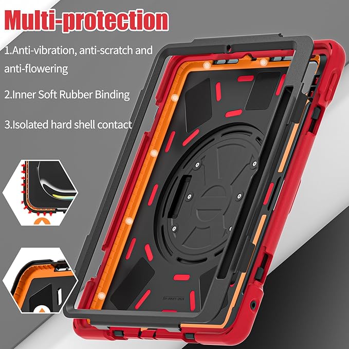 Batianda Case for iPad Pro 13-inch 2025 M5 2024 M4 Chip Heavy Duty Rugged Durability Silicone Tablet Cover with 360° Rotating Hand Strap Foldable Hidden Stand & Shoulder Strap, Red