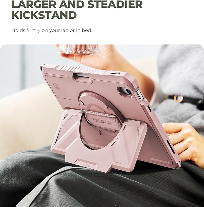 Dexnor Case for iPad (A16) 11th/10th Generation 2025/2022 (11″/10.9″),Rugged Protective Case with 360° Rotating Hand Strap& Stand & Screen Protector & Pencil Holder Shockproof Full-Body Cover, Pink