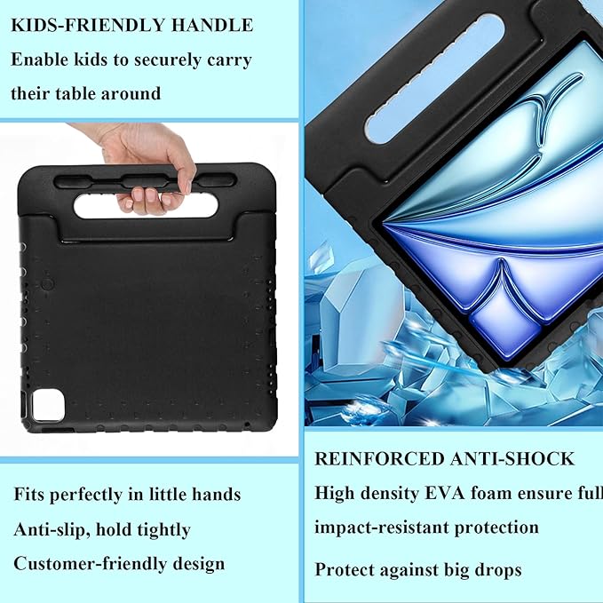 Kids Case for iPad Pro 11 inch M5/M4 (2025/2024) with Pencil Holder/Convertible Handle Stand Shockproof Slim Lightweight Cute Soft EVA Heavy Duty Rugged Kickstand Cover for Children, Black