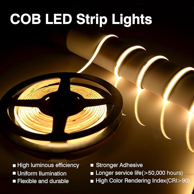 Pandery COB LED Strip,LED Strip Lights 5M/16.4ft,Touch Dimmable LED Strips,CRI90+,3000K Warm White cob led,1600LEDs,24V LED Tape Lights,Indoor for Bedroom, Kitchen, TV, Mirror,Cabinet